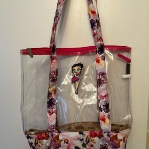 Private Label Clear Floral Tote with Pink Trim and Betty Boop Patch